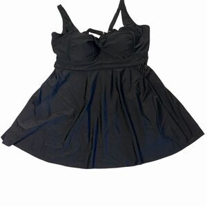Plus Size Black Tankini Top 26W Ruched Bust Flowy Babydoll Fit Dreamy Swimwear